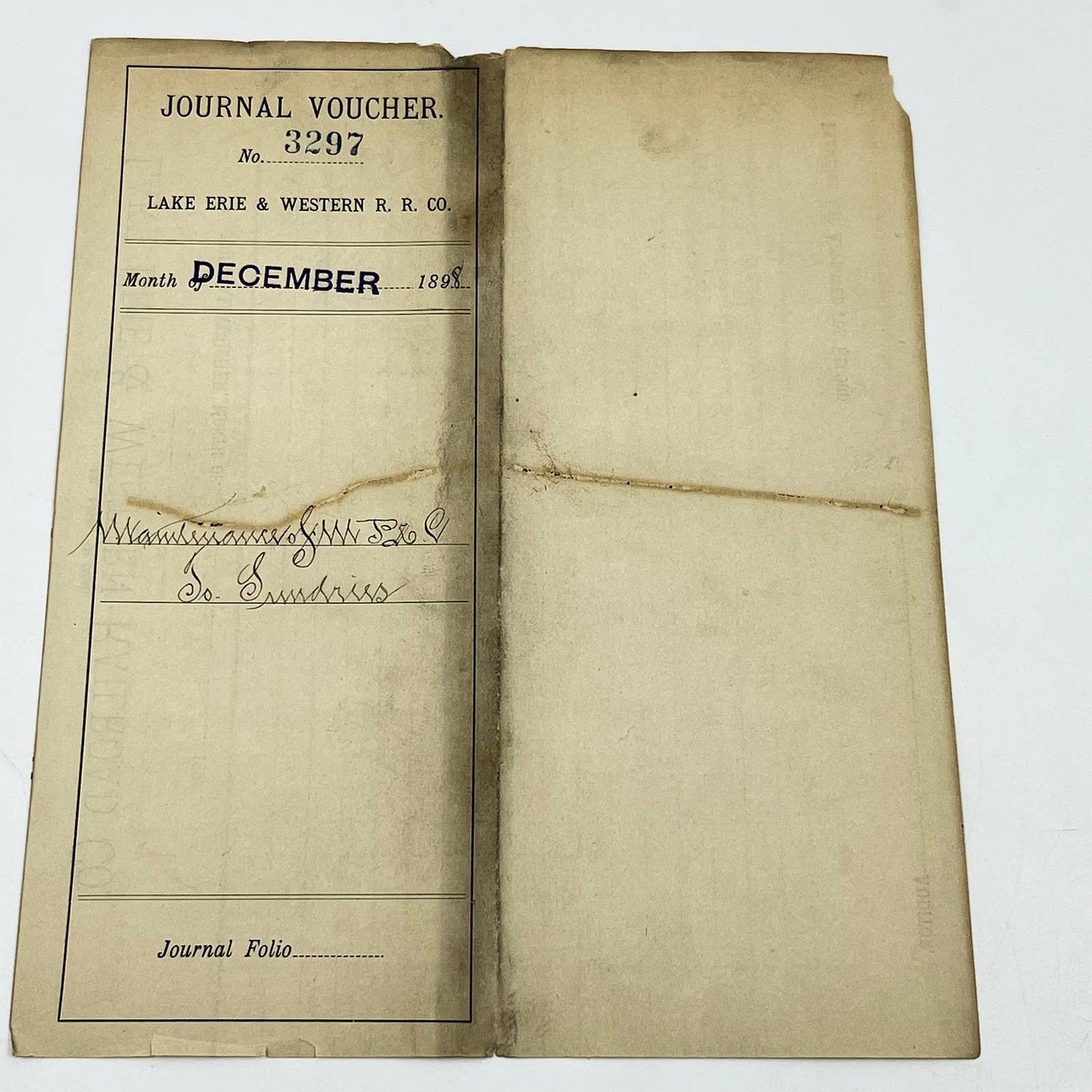 1898 Lake Erie & Western Railroad Co. Journal Voucher RR AB1