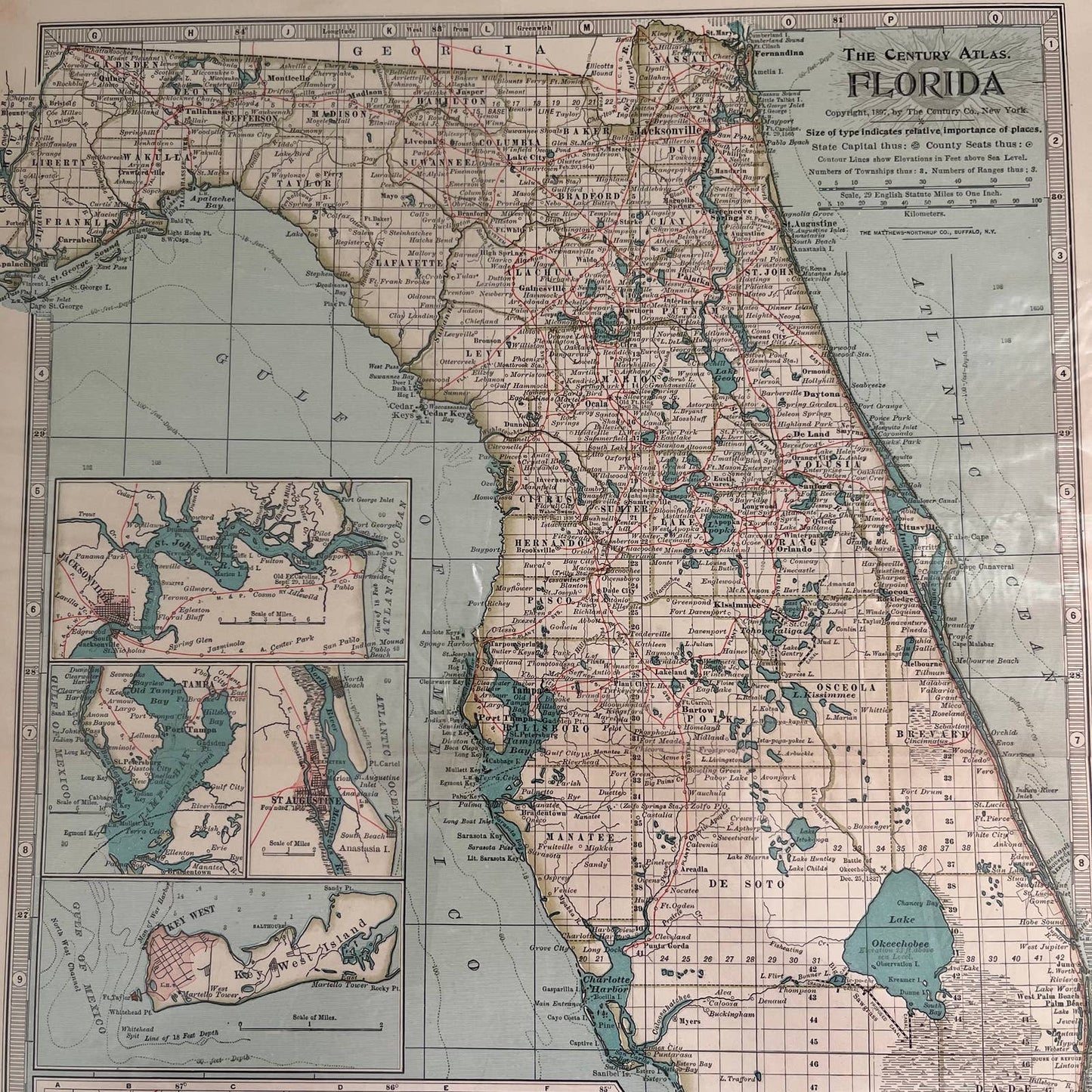 Antique 1897 The Century Atlas Map of Florida USA Color Engraved 12.5 x 17” FL5