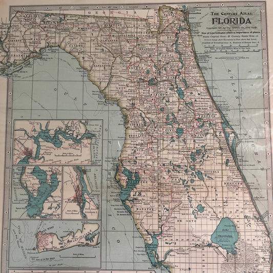 Antique 1897 The Century Atlas Map of Florida USA Color Engraved 12.5 x 17” FL5