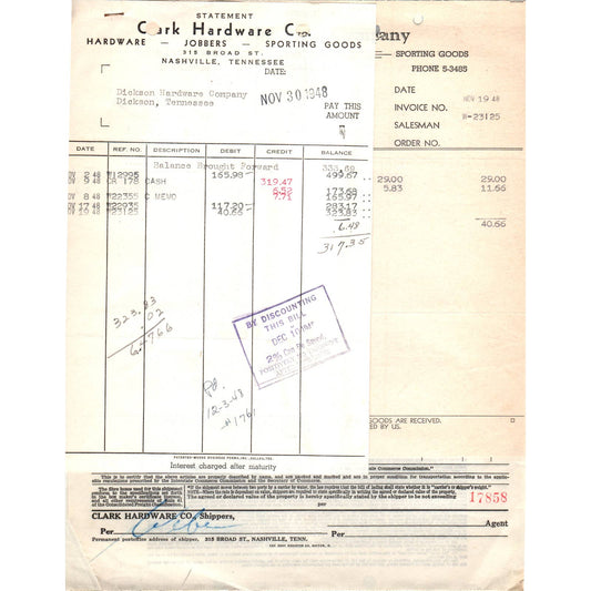 1948 Clark Hardware Co Billhead Set NASHVILLE TN AD5