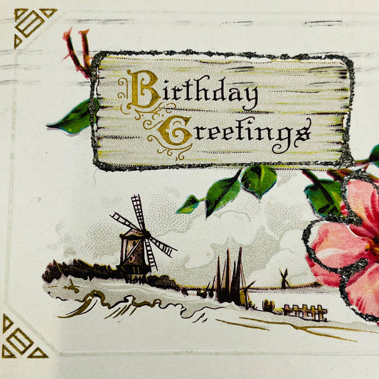 1910s Birthday Post Card Art Deco Dresden Windmill Sailboats Mica Flowers PA5