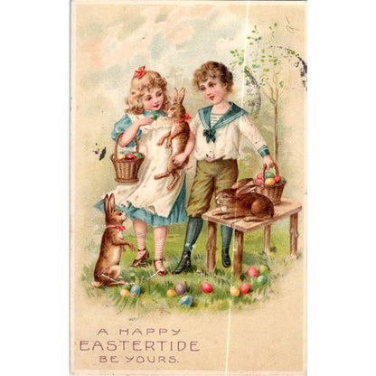 Easter Victorian Children With Rabbits 1907 Original Postcard TK1-P19