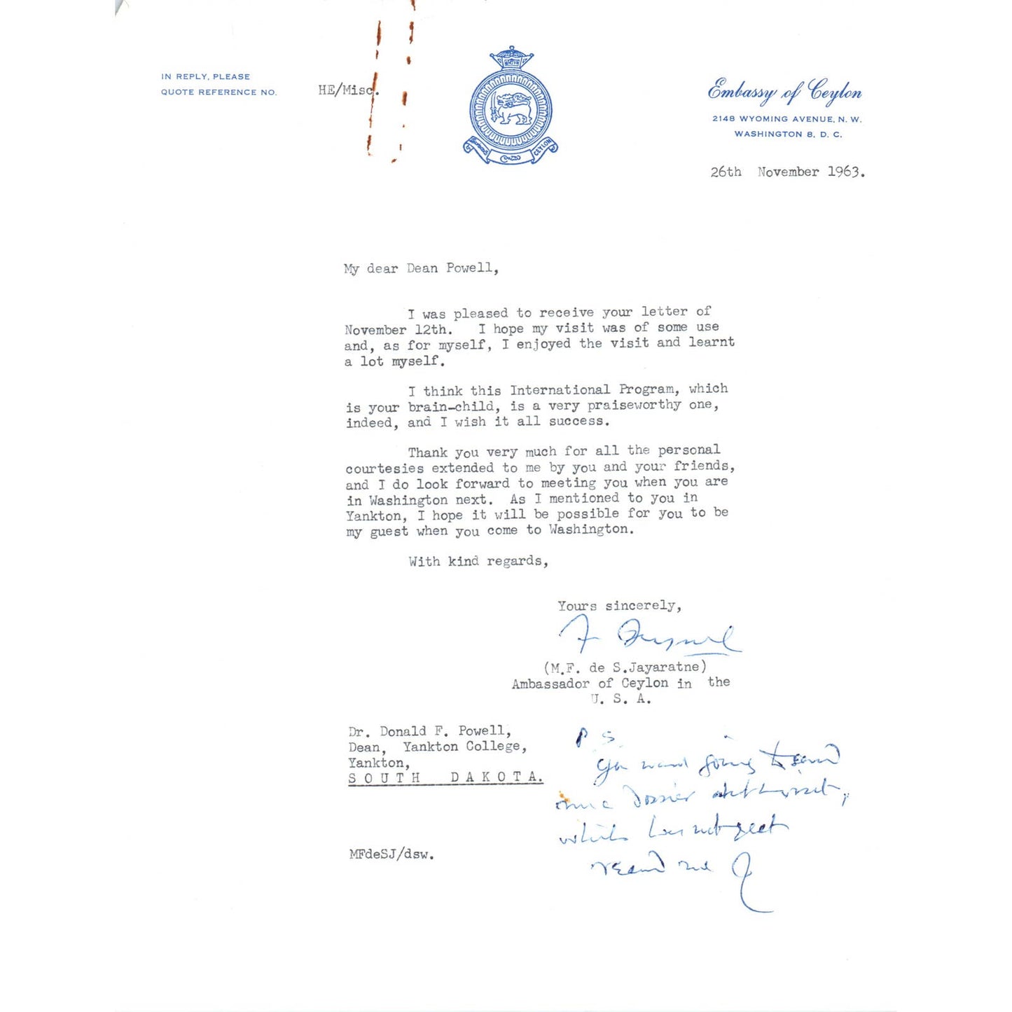 Embassy of Ceylon Official Letterhead Memo M.F. de S.Jayaratne Nov 1963 TK1-P11