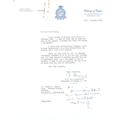 Embassy of Ceylon Official Letterhead Memo M.F. de S.Jayaratne Nov 1963 B15