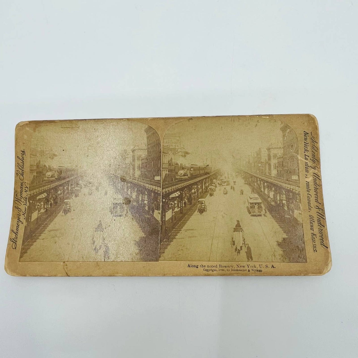 1897 Stereoview Card Along The Noted Bowery New York NY Horse Drawn Carriages