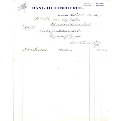 1892 Bank of Commerce Receipt Louisville KY H.M. Burford Sam L. Casseday AD8