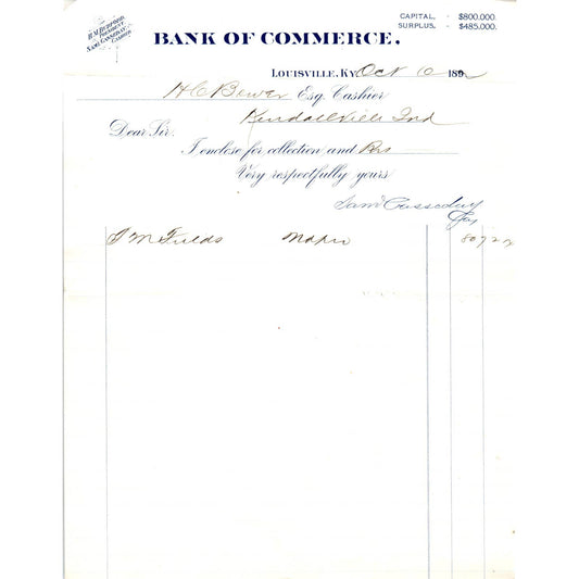 1892 Bank of Commerce Receipt Louisville KY H.M. Burford Sam L. Casseday AD8