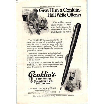 c1920 Harper's Magazine Ad - WWI Soldier Conklin Fountain Pen Toledo TF6-1