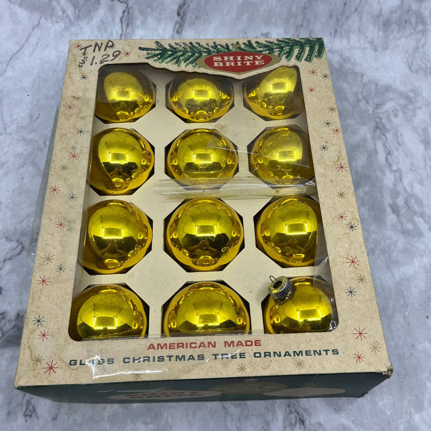 Shiny Brite 12 Vintage 2 5/8" Mercury Glass Ornaments Original Box Gold OT1