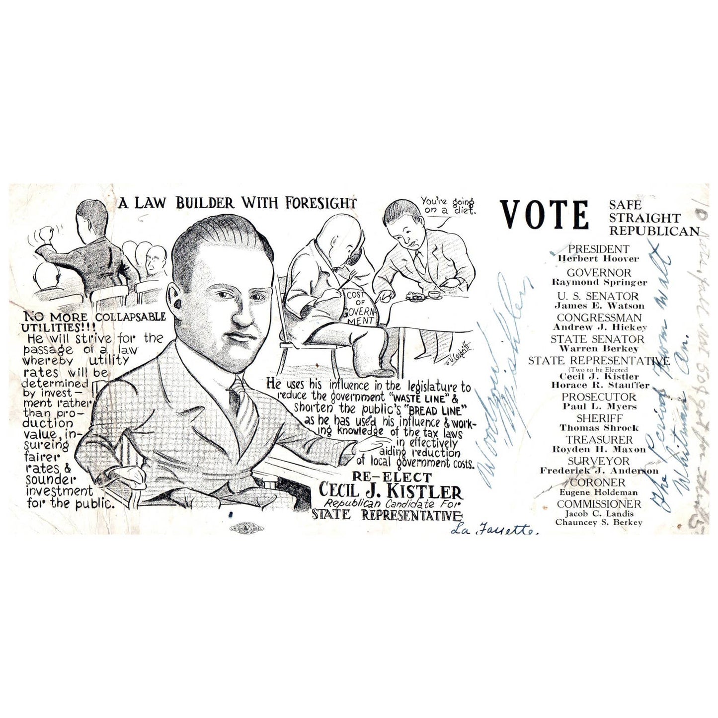 1920s Political Blotter Republican Cecil J. Kistler State Representative AD1