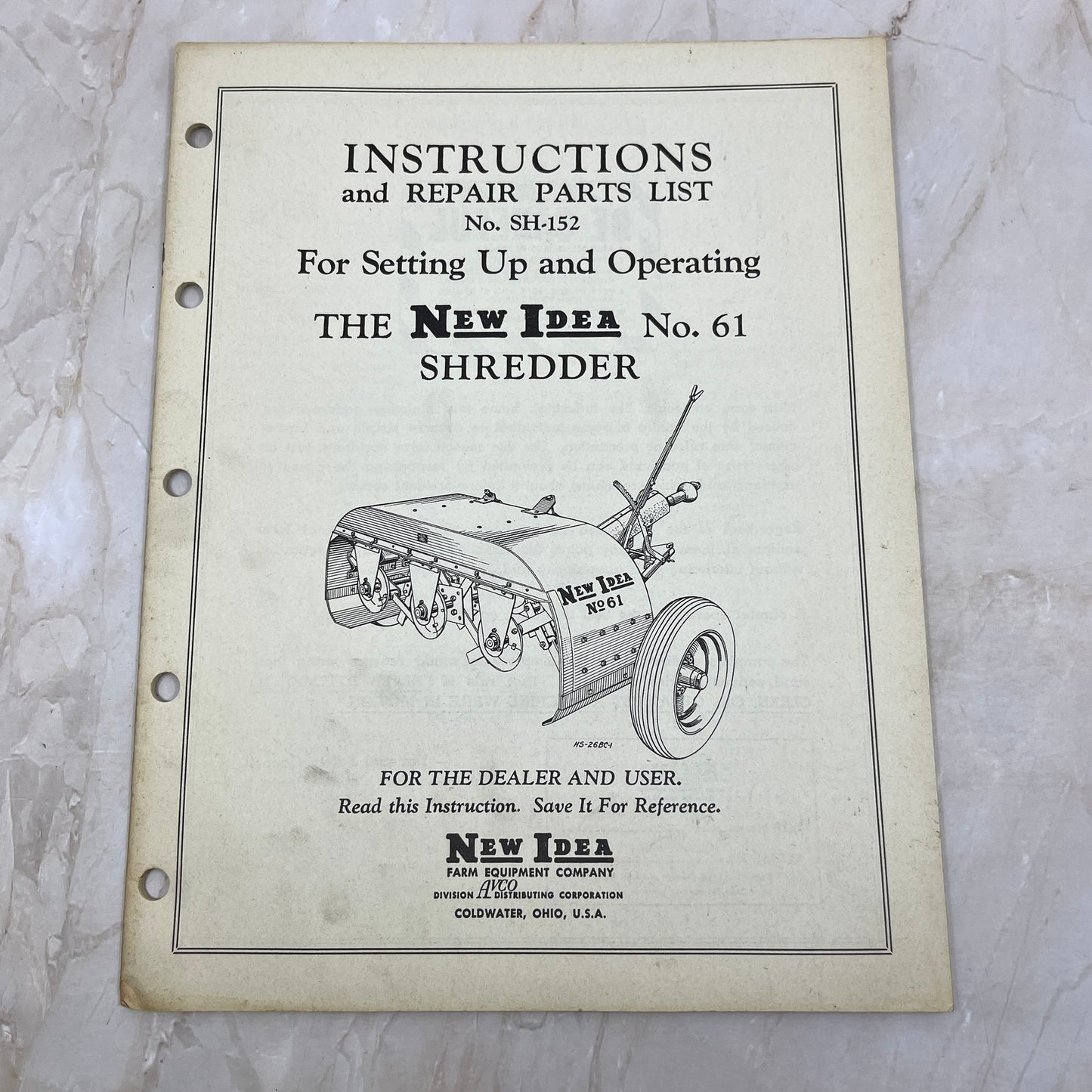Vintage New Idea Instructions Repair Parts List SH-152 No. 61 Shredder M1-1