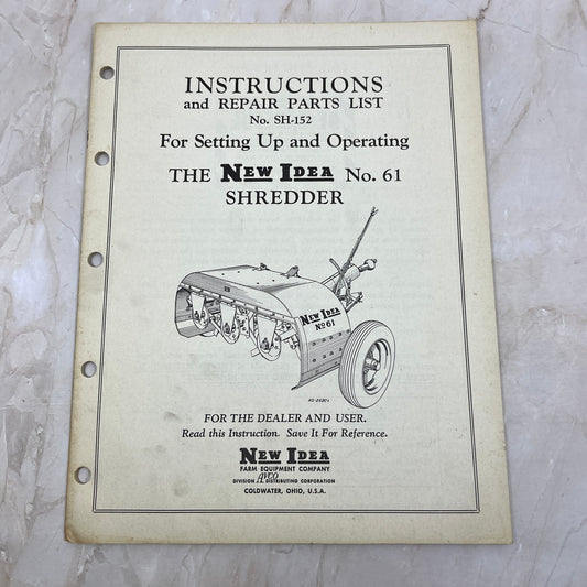 Vintage New Idea Instructions Repair Parts List SH-152 No. 61 Shredder M1-1