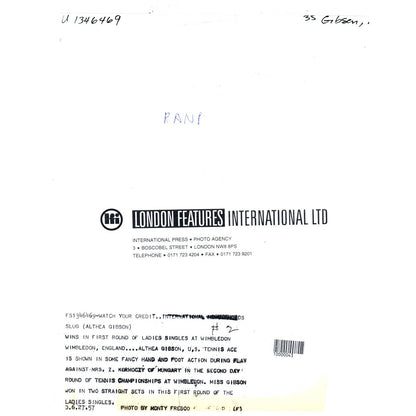 1957 Original Press Photo Women's Tennis Althea Gibson Wimbledon ~8x10" AD2