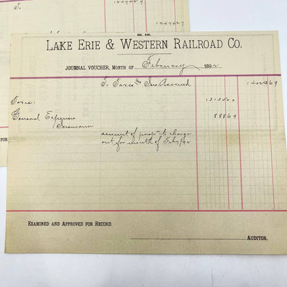 1892 Lake Erie & Western Railroad Co. Journal Voucher RR Lot of 2 AB1-3