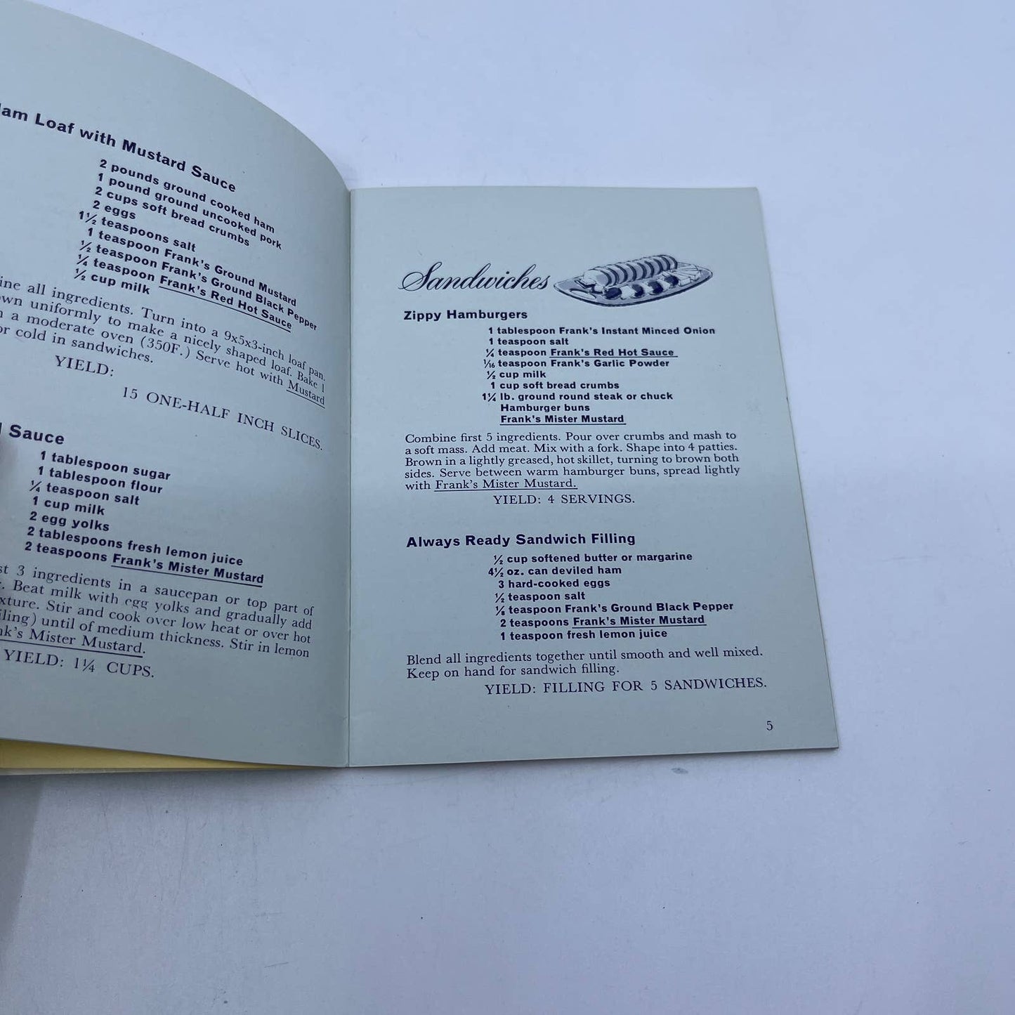 1950s Frank's 50 Good 'n Zesty Recipes Cookbook Mister Mustard Red Hot TG6
