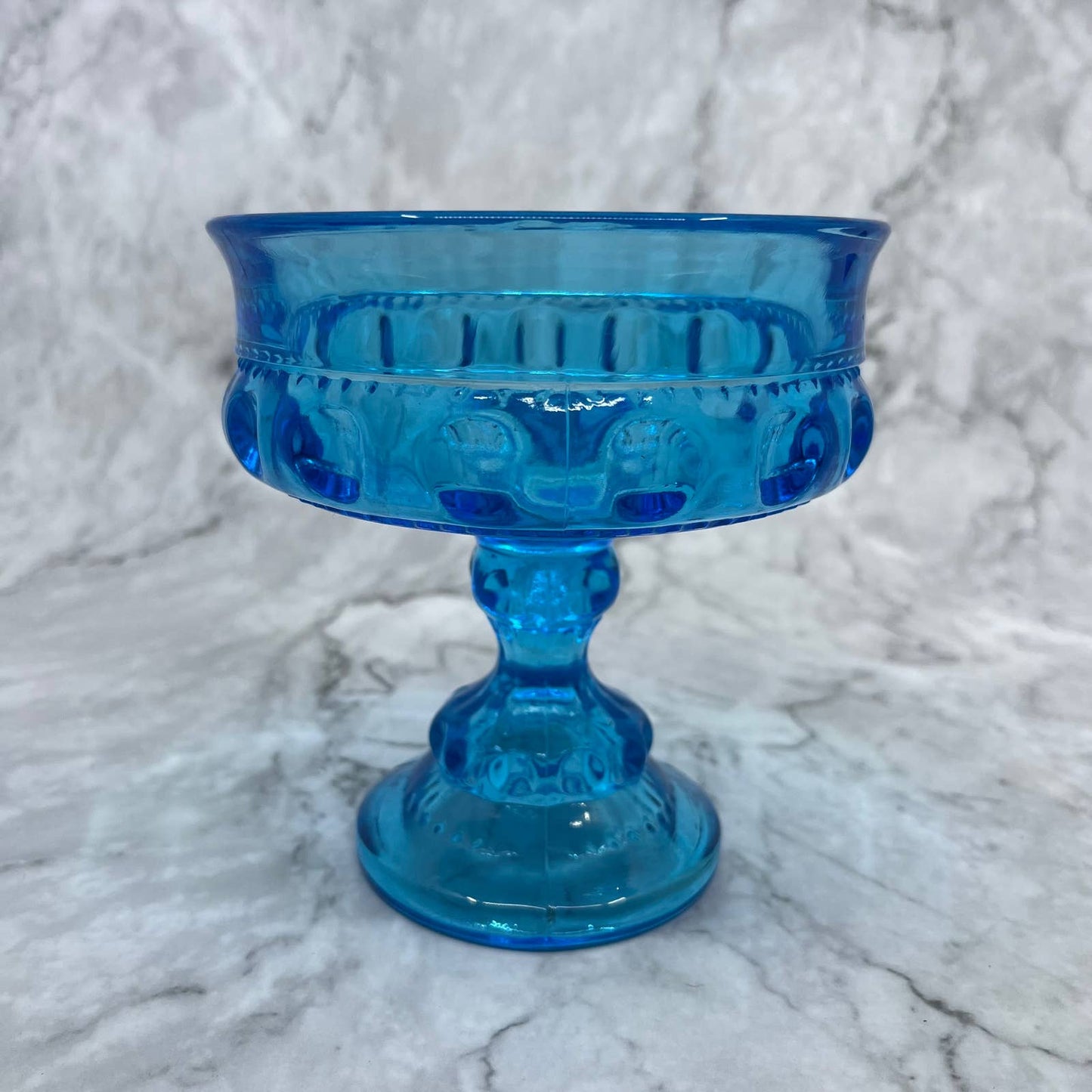 Vtg Indiana Glass King's Crown Imperial Blue Candy Dish Compote Thumbprint TA9