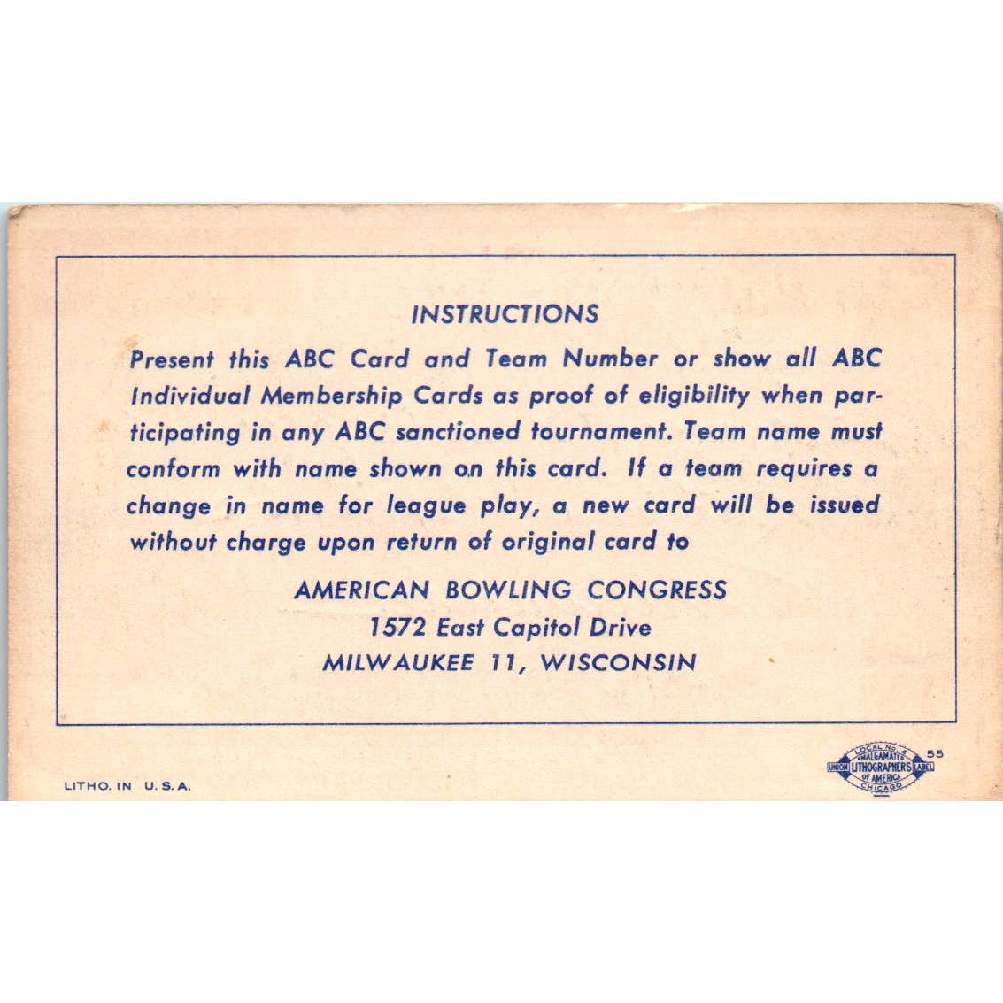 1953 American Bowling Congress Milwaukee Membership Card National Minor SE5-50