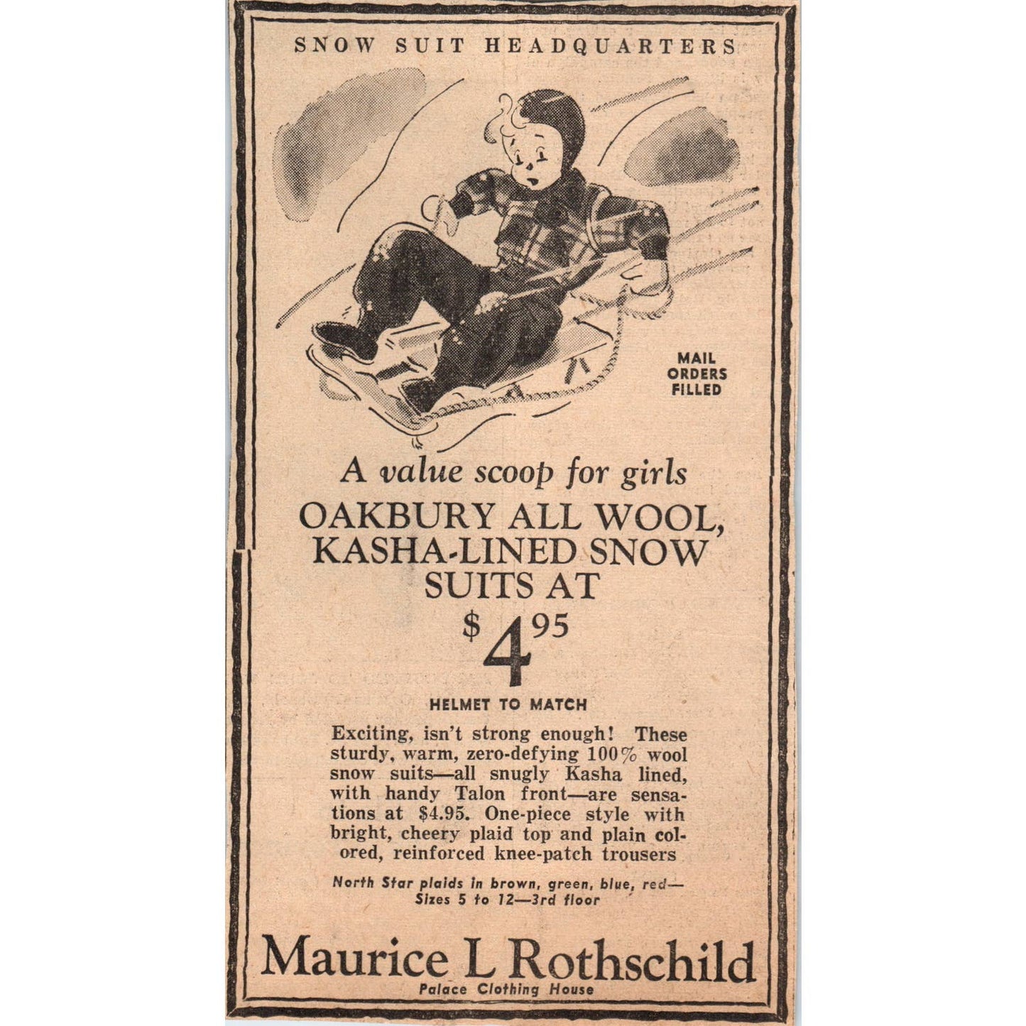 1935 Mpls Journal Newspaper Ad Maurice L Rothschild Oakbury Show Suits FL5-3