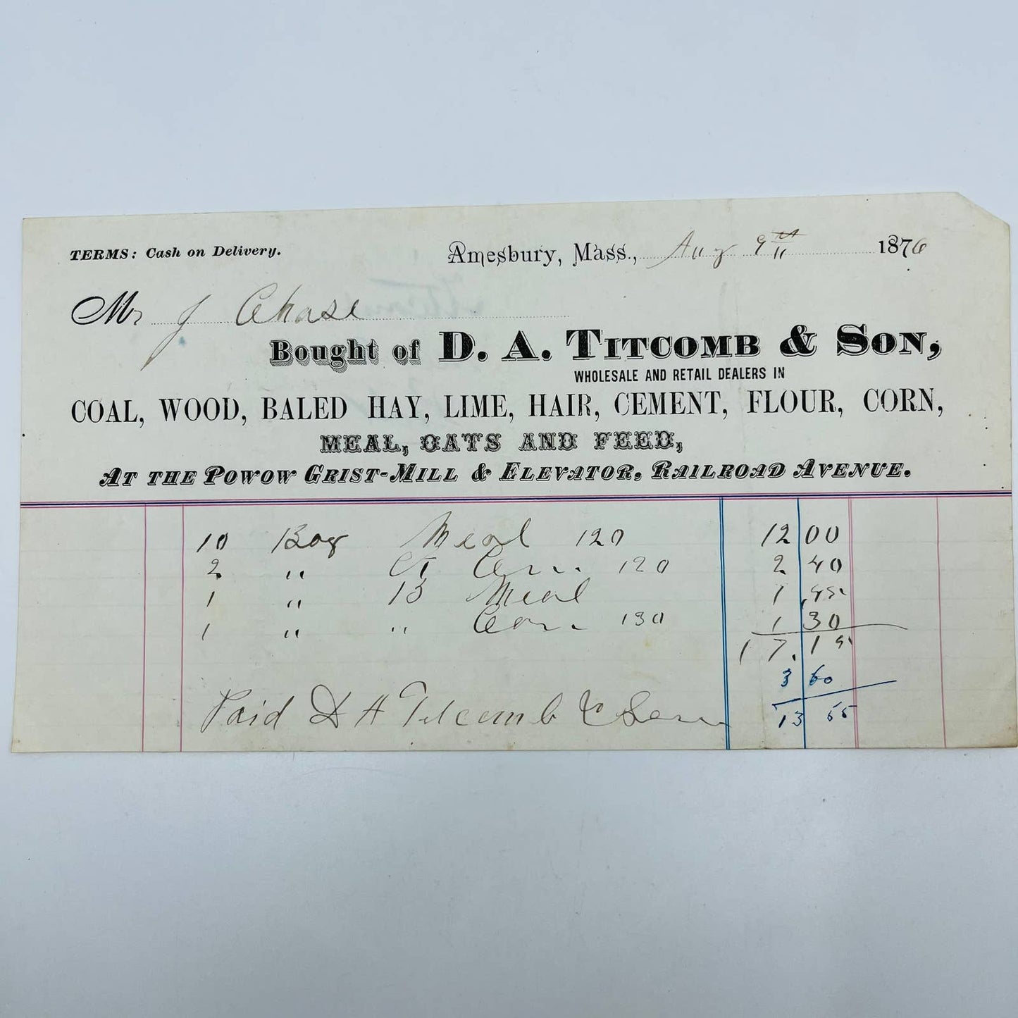 1876 DA Titcomb & Son Amesbury Mass Billhead Letterhead Receipt Railroad Ave AA4