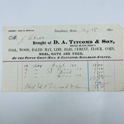 1876 DA Titcomb & Son Amesbury Mass Billhead Letterhead Receipt Railroad Ave AA4