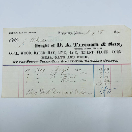 1876 DA Titcomb & Son Amesbury Mass Billhead Letterhead Receipt Railroad Ave AA4
