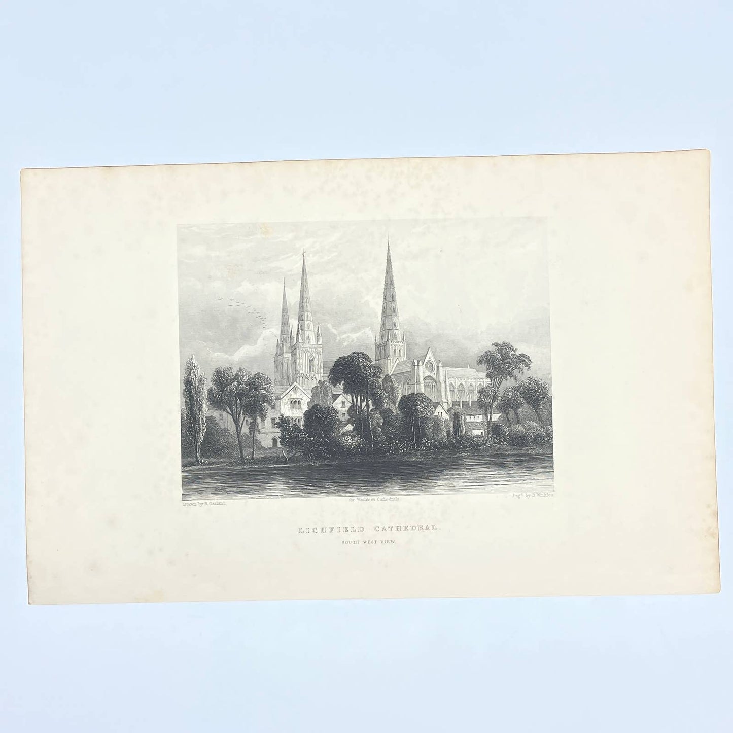 1842 Original Art Engraving Lichfield Cathedral South West View AC6
