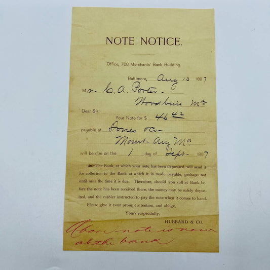 1897 Bank Notice Baltimore MD Hubbard & Co D1