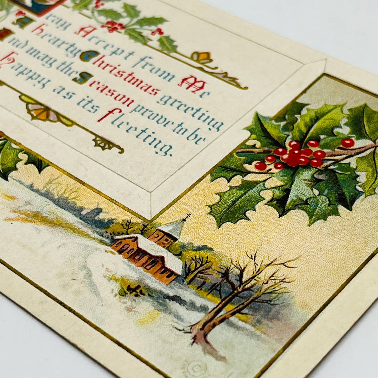 1910s Christmas Post Card Embossed  Church Bells Holly Snow Poem Dresden PA4