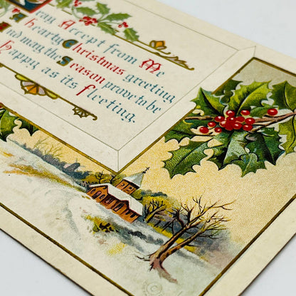 1910s Christmas Post Card Embossed  Church Bells Holly Snow Poem Dresden PA4