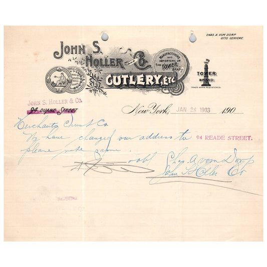 1903 John S Holler Cutlery Letterhead Billhead 94 Duane St NY AC9