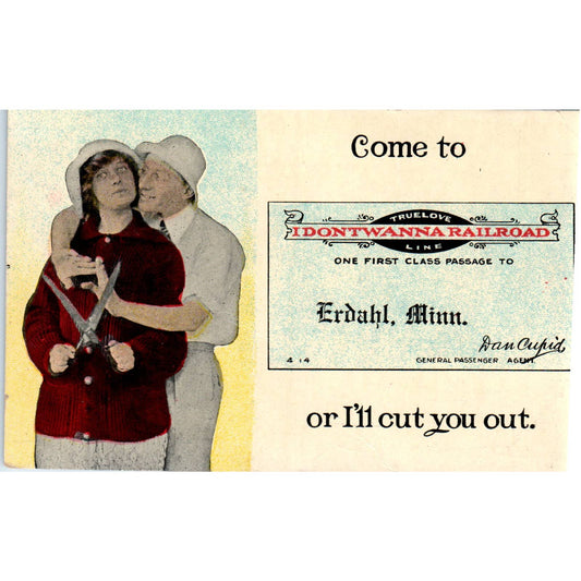 Come to Erdahl Minnesota or I'll Cut You Humor 1915 Original Postcard TK1-P3