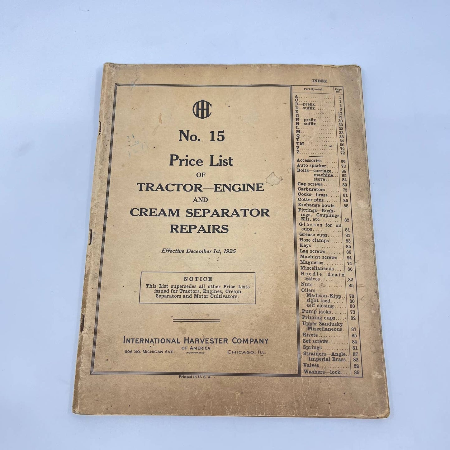 1925 IH No. 15 Price List Tractor & Cream Separator McCormick Deering TF8