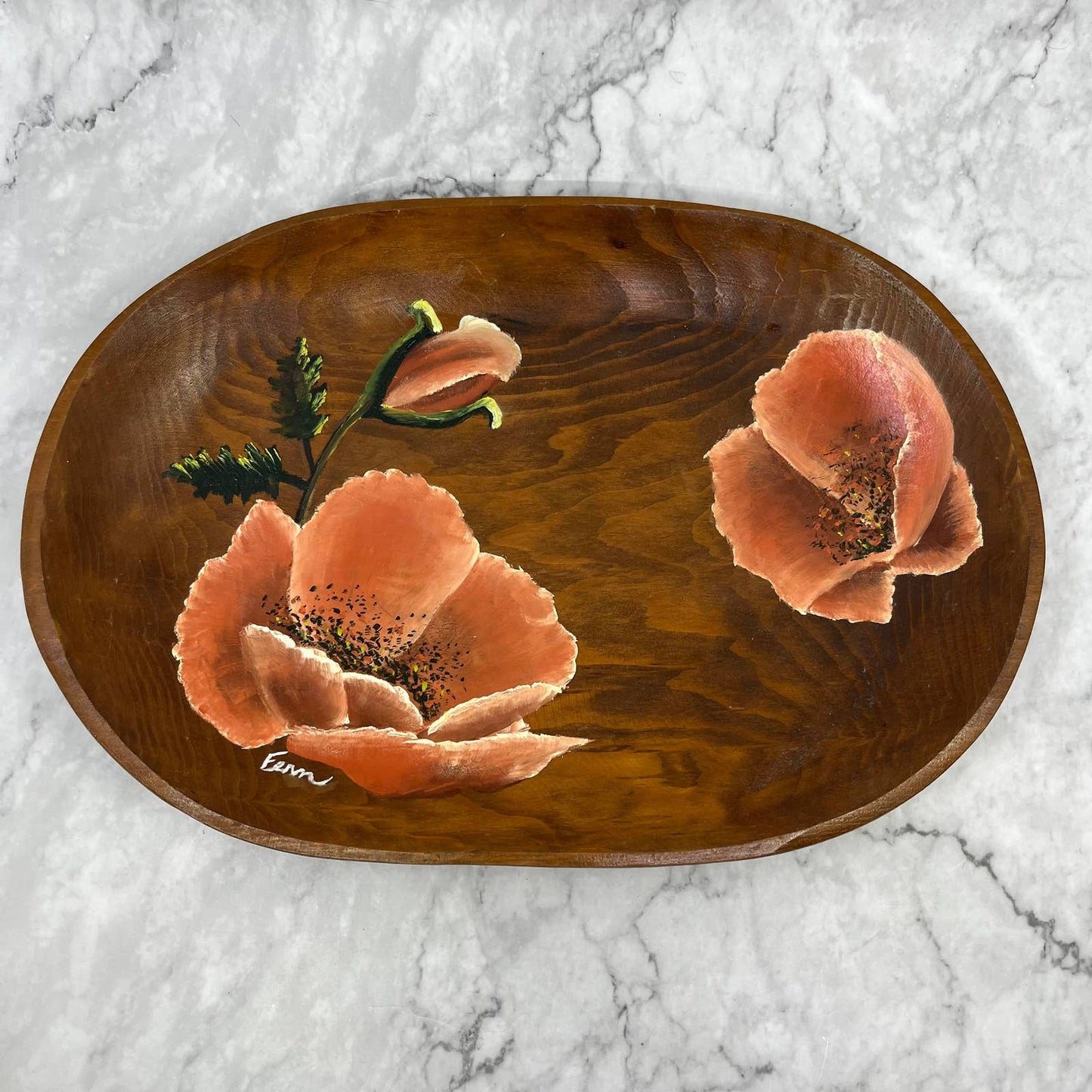 Vintage Original Hand Painted Folk Art Wood Serving Tray Poppies 9x13 TI7