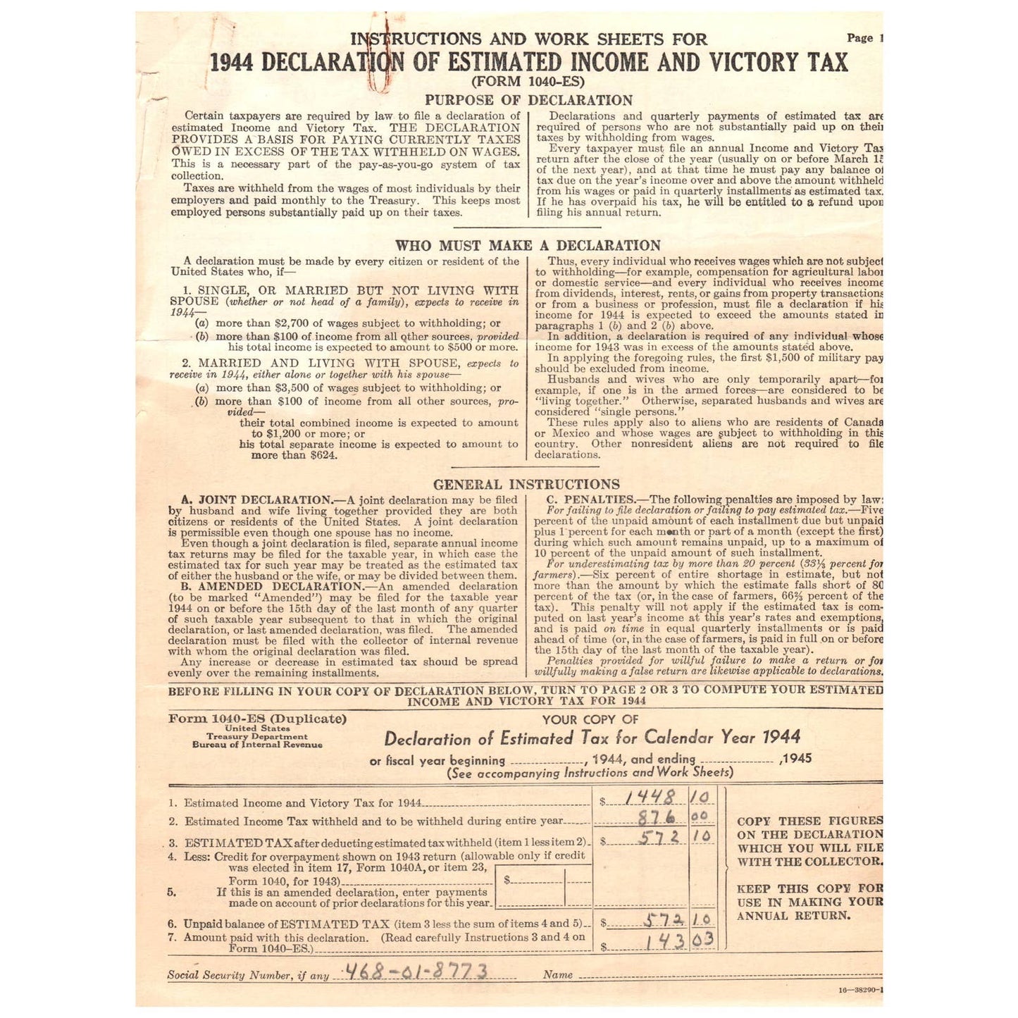 1944 ORIGINAL Declaration of Estimated Income and Victory Tax Form 1040-ES AD1