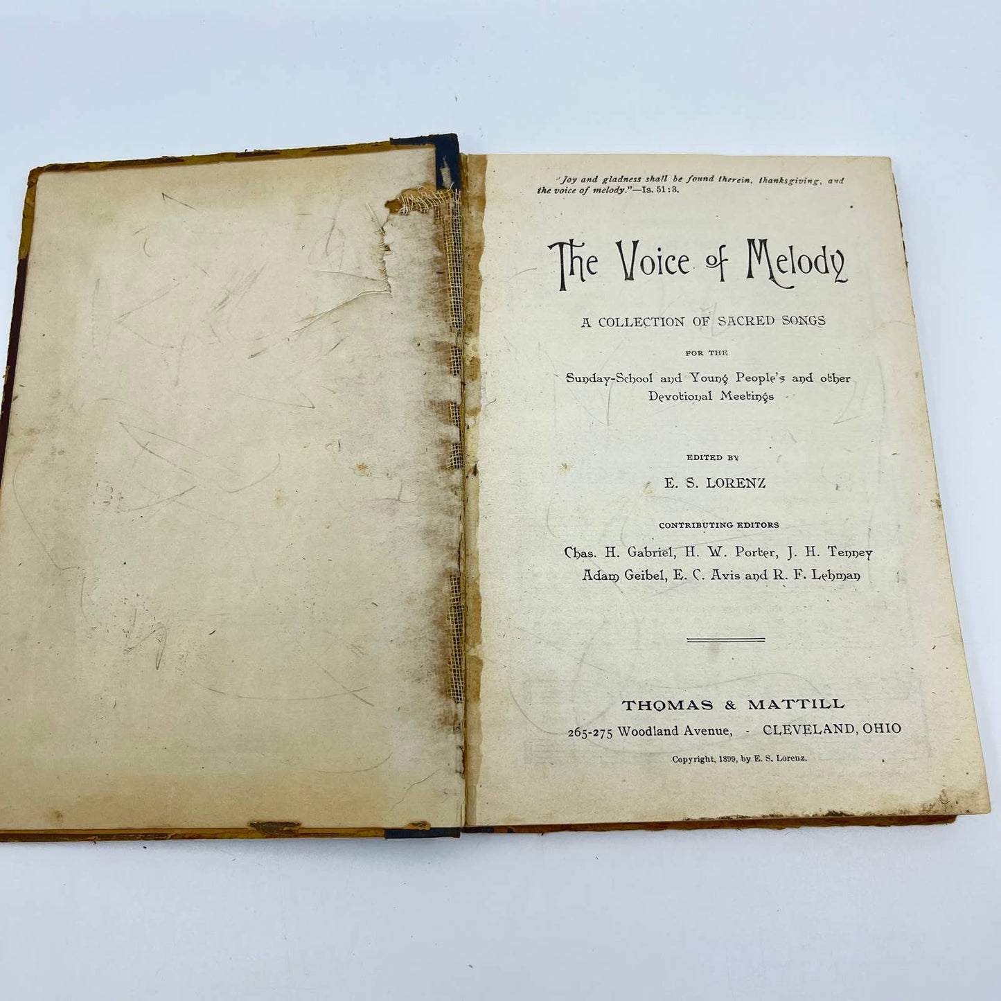 1899 The Voice Of Melody Hymn Book By E. S. Lorenz, Church Songs Music TE2-2