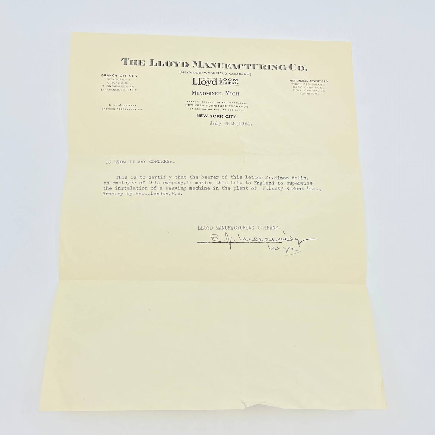 1934 Heywood Wakefield The Lloyd Manufacturing Co Letterhead Memo AB7