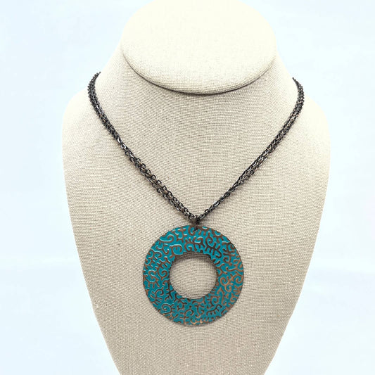 Vintage Boho Hammered Copper Turquoise Disc Extra Long Necklace 32" SD5