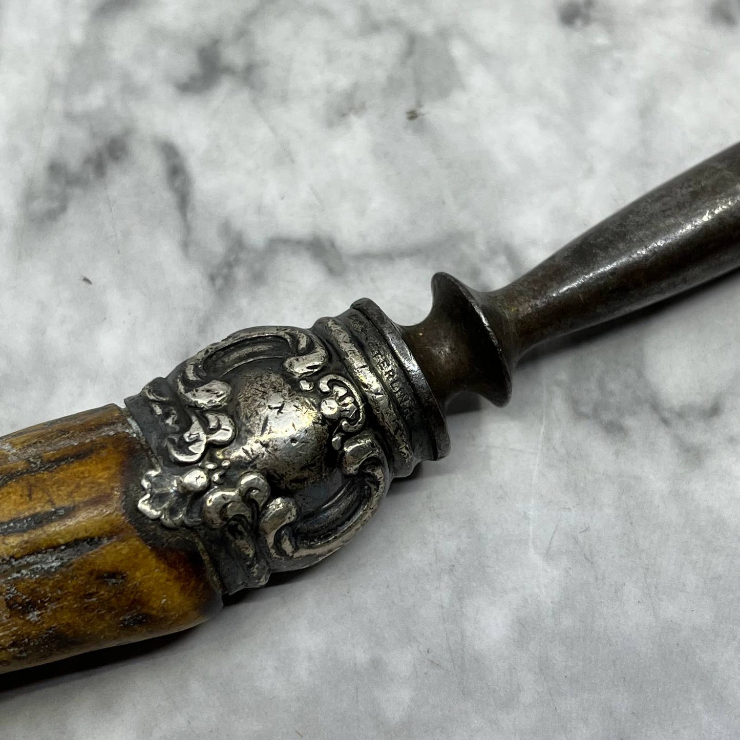 Antique Lee’s 13” Stag Antler Handle Sterling Honing Rod Sharpener TK2
