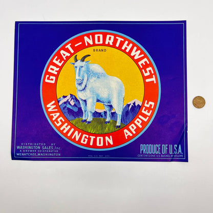 GREAT NORTHWEST Vintage Wenatchee Apple Crate Label Mountain Goat WA FL3
