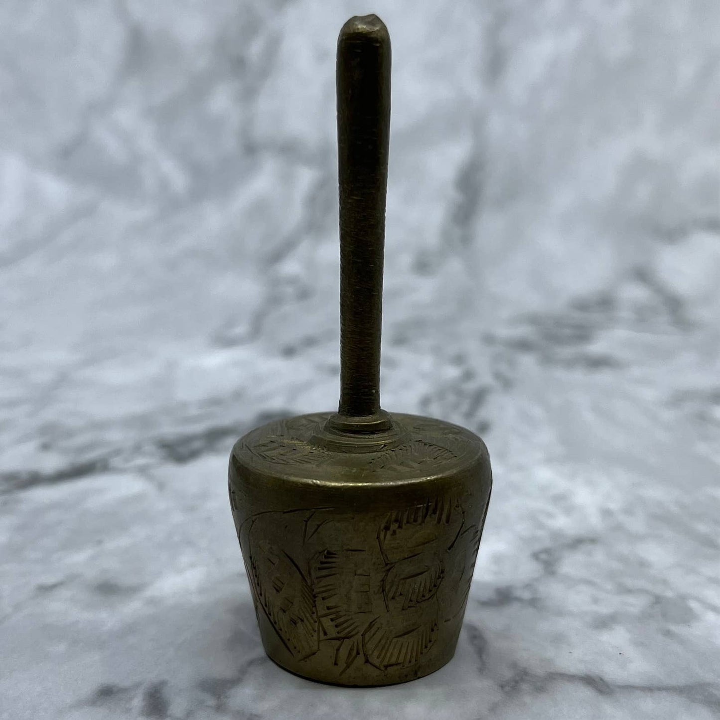 Vintage Etched Long Handle Brass Bell of Sarna 3.5" India SA2