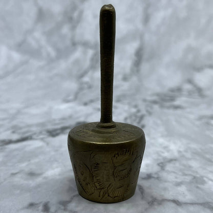 Vintage Etched Long Handle Brass Bell of Sarna 3.5" India SA2