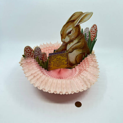 1925 The Beistle Co. Easter Bunny In Basket Fold Out Crepe Paper Decoration FL3