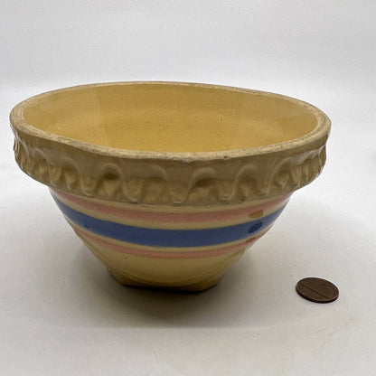 Vintage McCoy Yellow Ware Blue Pink Striped Mixing Bowl 5” Pie Crust Rim TH5