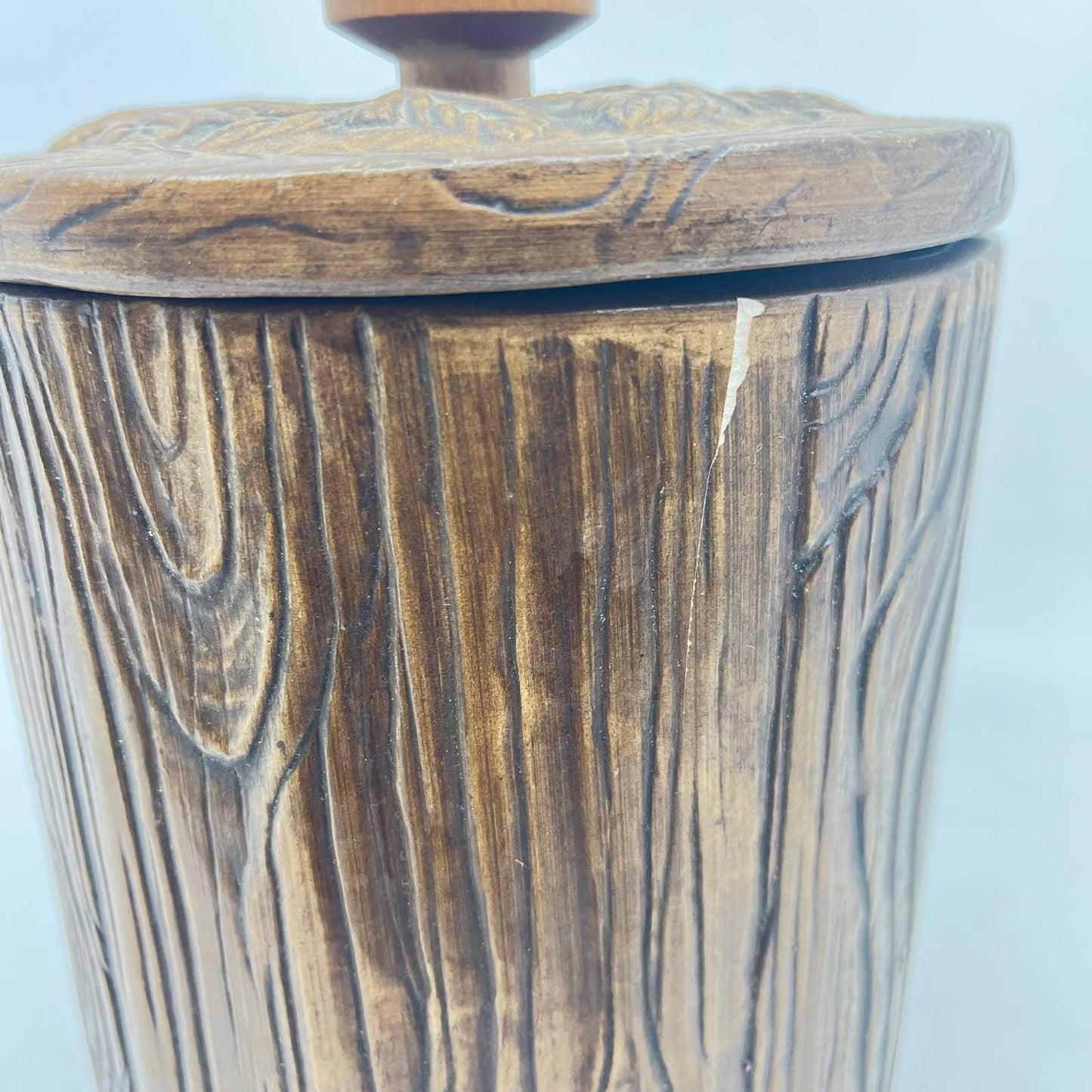 1960s Treasure Craft Owl Flour Canister Ceramic Brown Wood Grain USA TE8