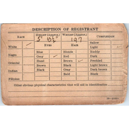 1942 WWII Selective Service Draft Card Liberal KS Omas Alfred Strickert SE4