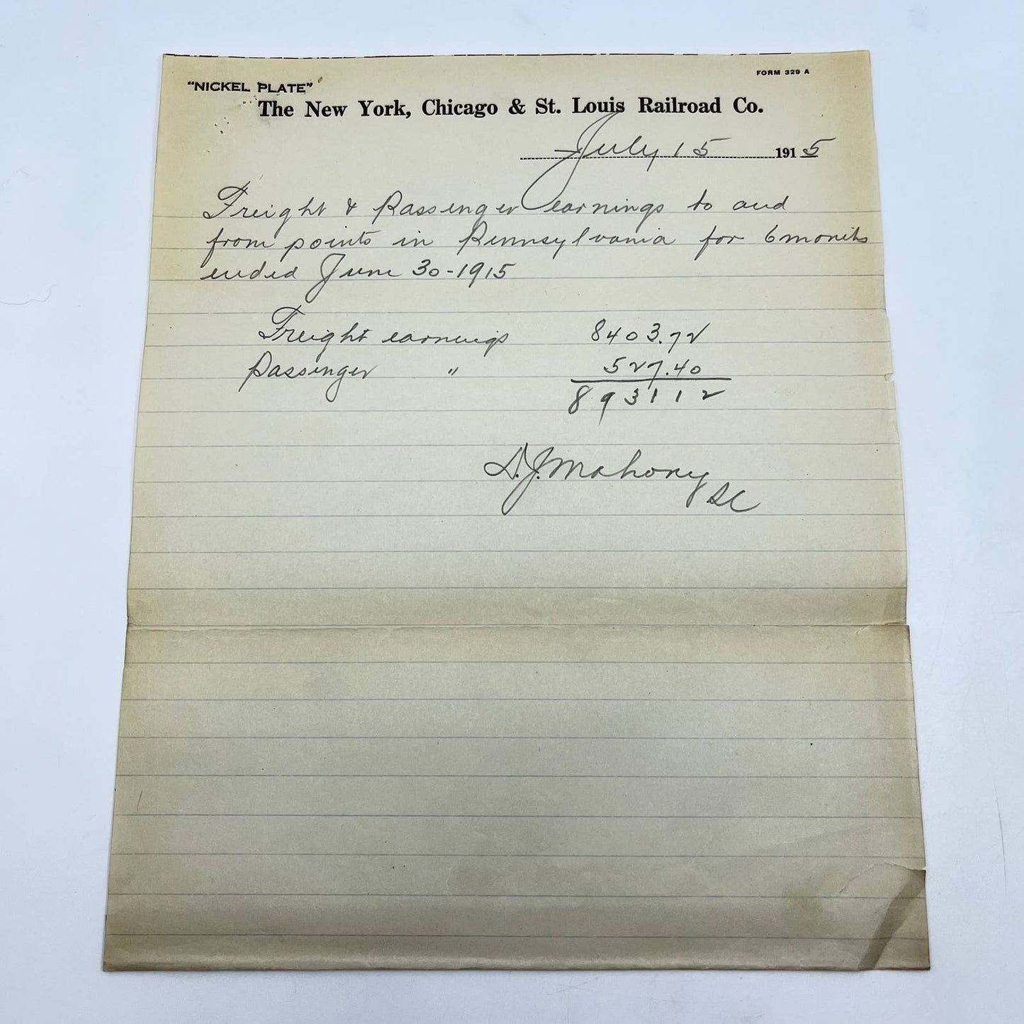 1915 New York, Chicago & St Louis RR Co. Memo Freight & Passenger Earnings AA9
