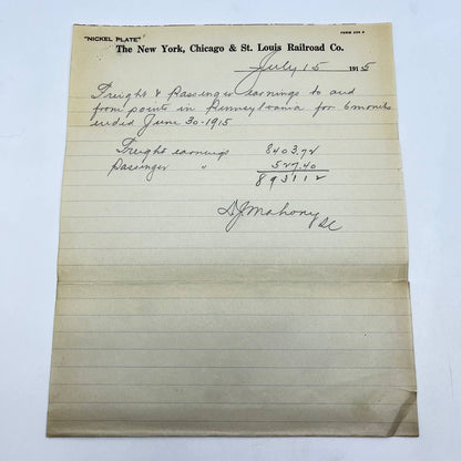 1915 New York, Chicago & St Louis RR Co. Memo Freight & Passenger Earnings AA9