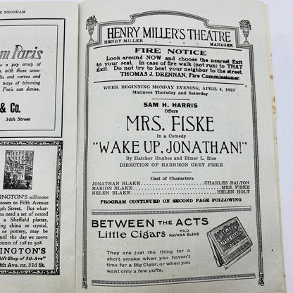 1921 Henry Miller’s Theatre Wake Up Jonathan Program Mrs. Fisk Sam Harris TD6