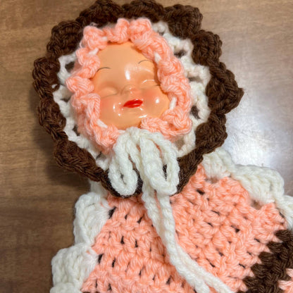 Vintage 1960s Crocheted Plastic Doll Face Pot Holders Brown Peach White TH6
