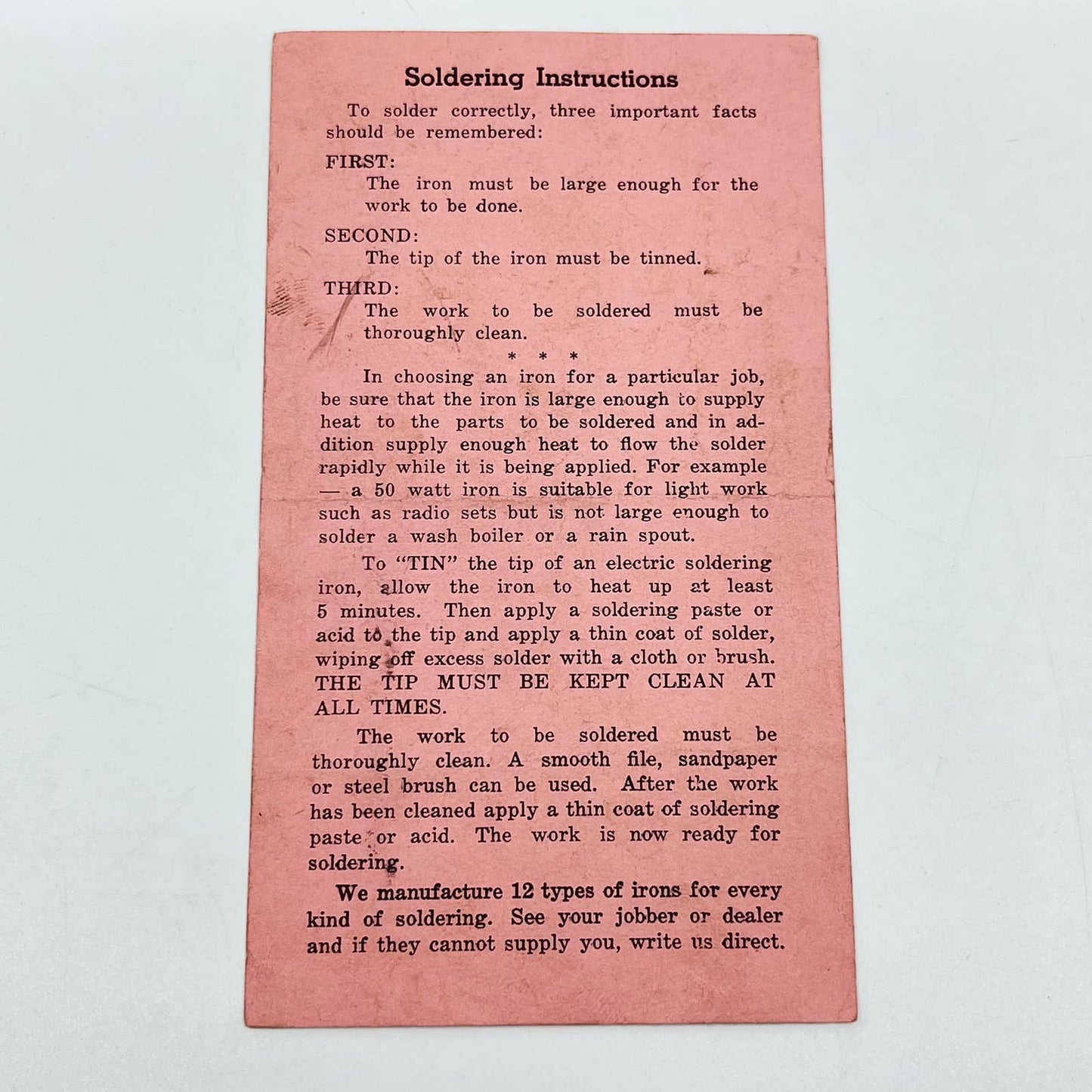 Vtg Drake Electric Works Soldering Iron Instruction Card Chicago IL AB2